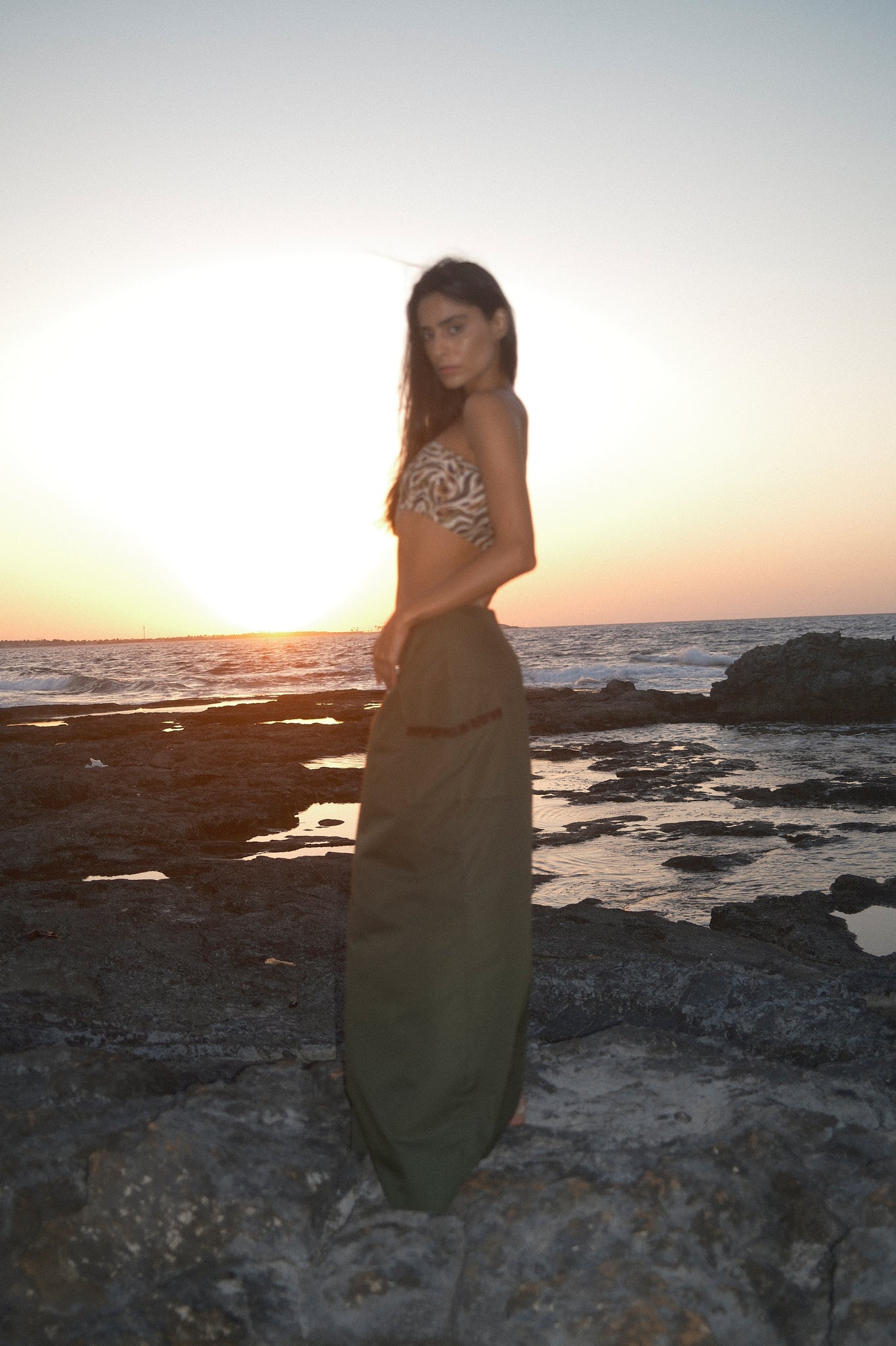 Olive poplin maxi skirt, side view