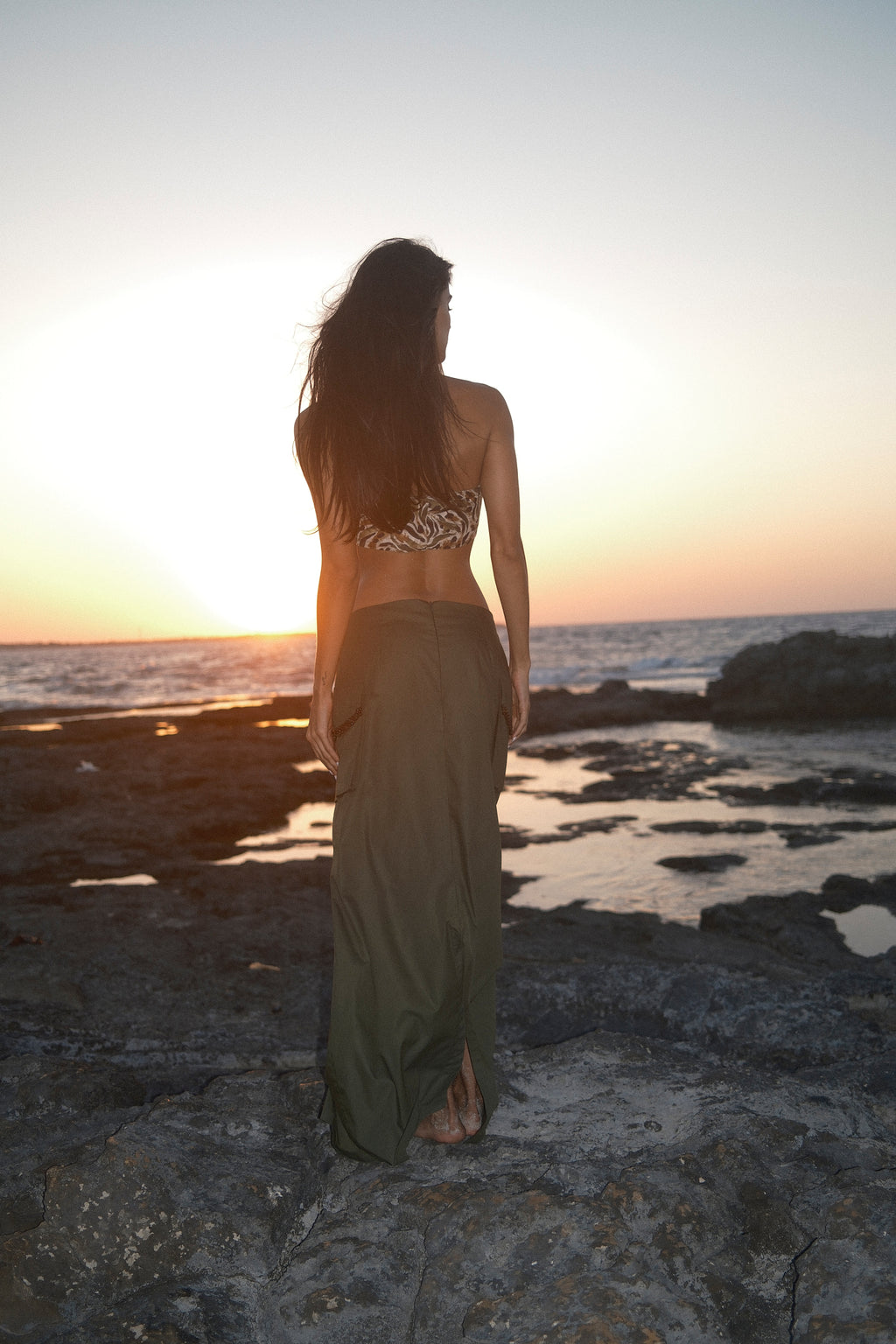 Olive poplin maxi skirt, back view
