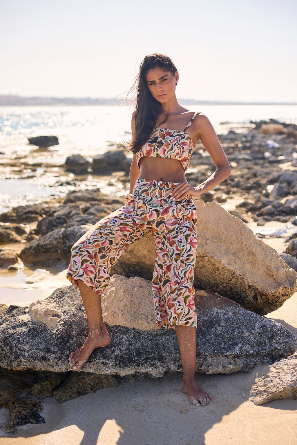 Floral Print Voile Capri Pants, straight front view