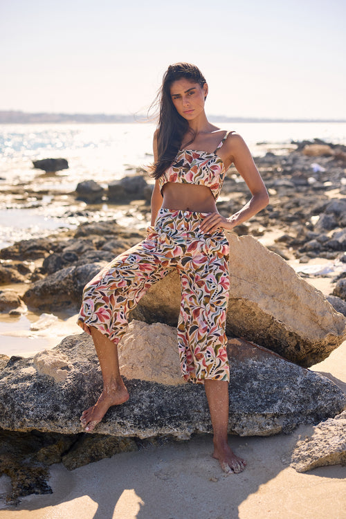 Floral Print Voile Capri Pants, straight front view