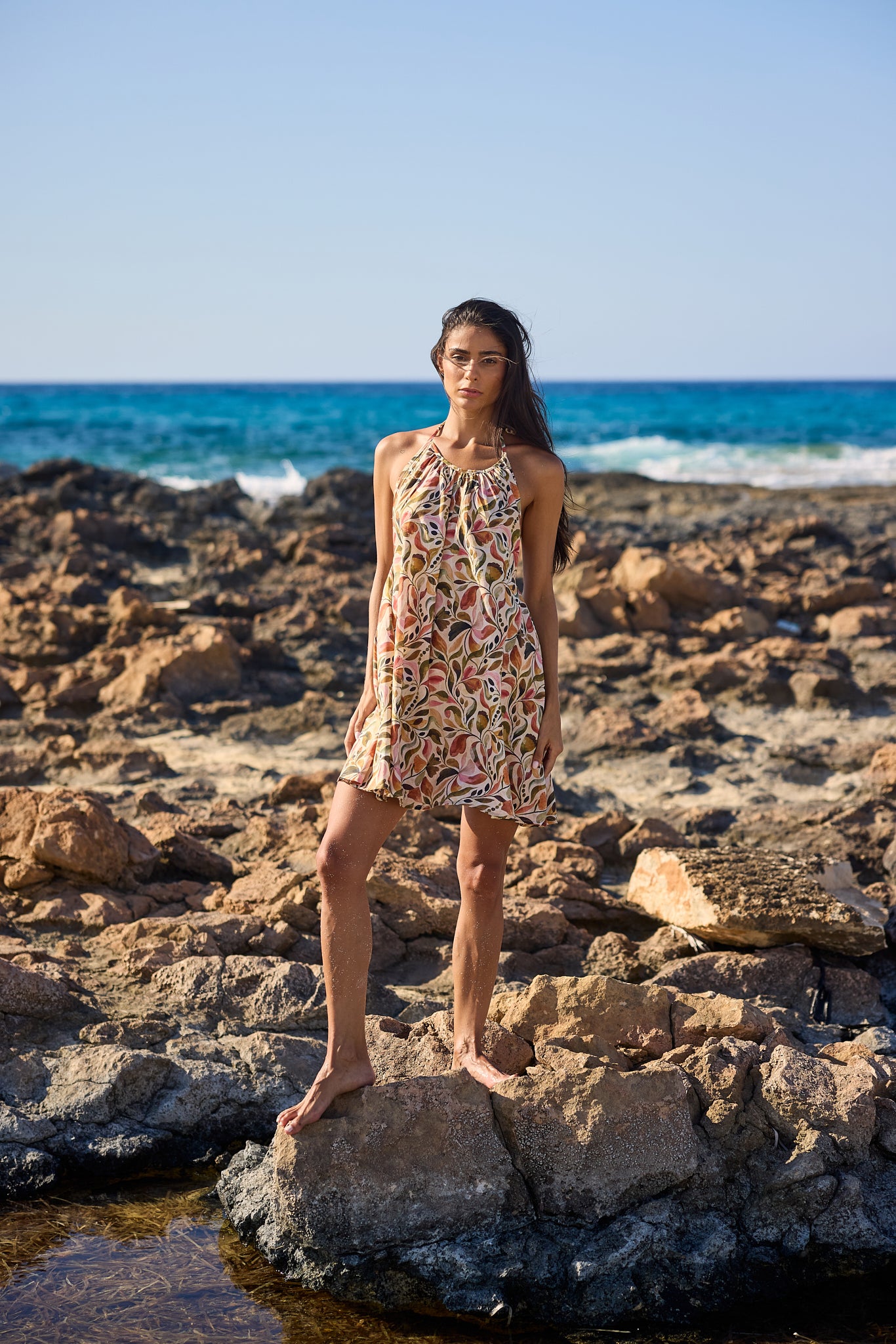 Floral Voile Print Halter Dress, front view