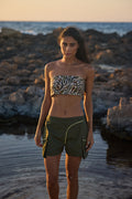 Olive cargo shorts, front view