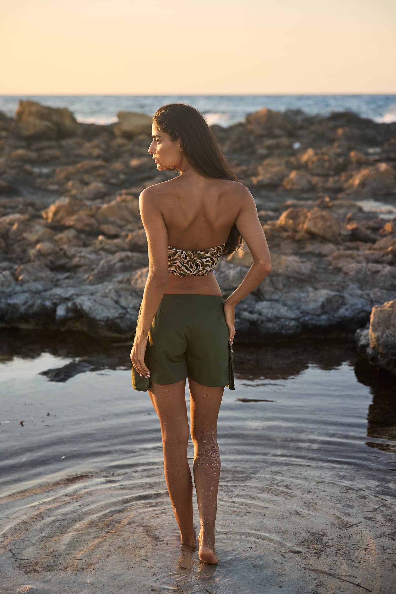 olive cargo shorts, back view