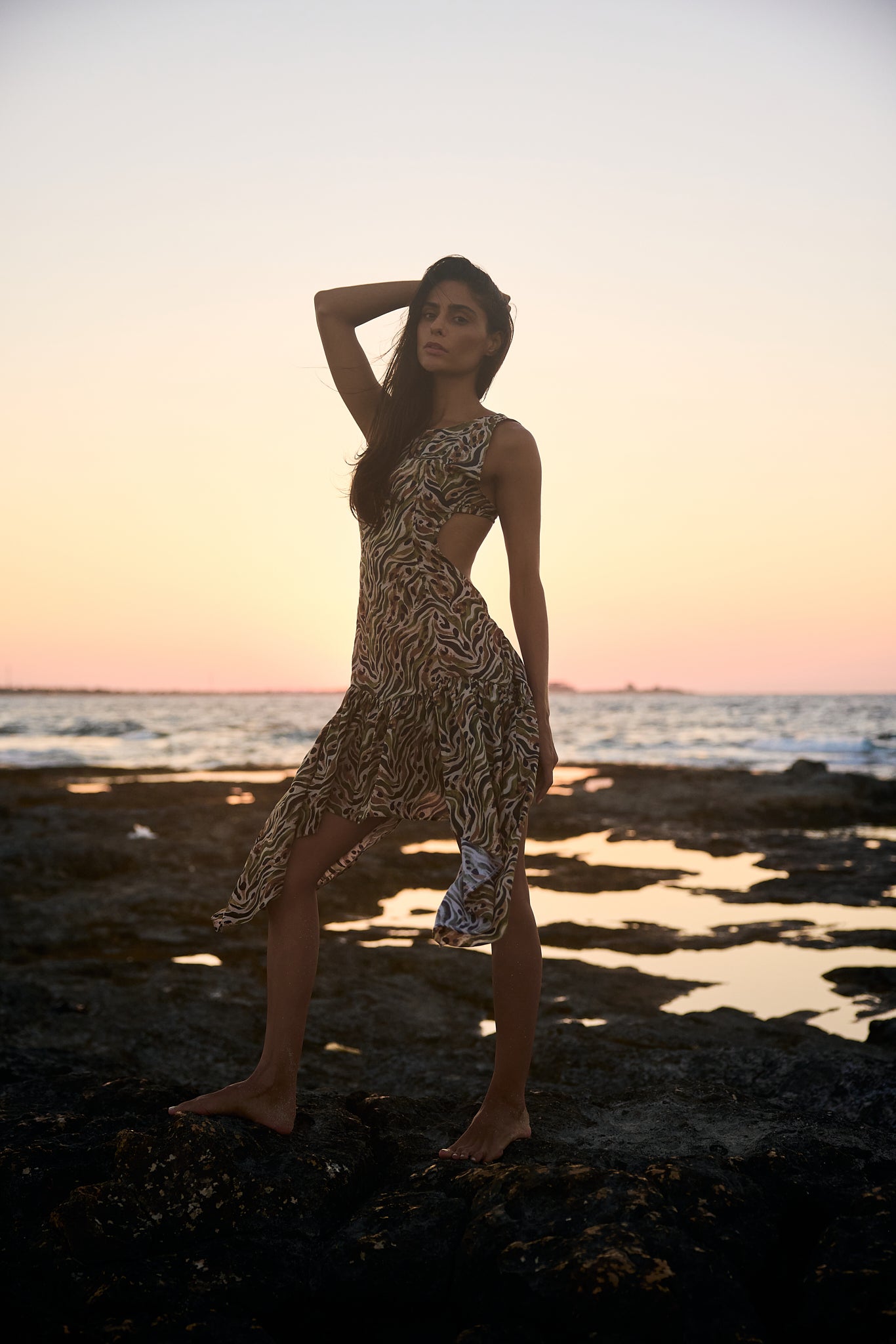 Safari Print Voile Asymmetrical Dress, front view