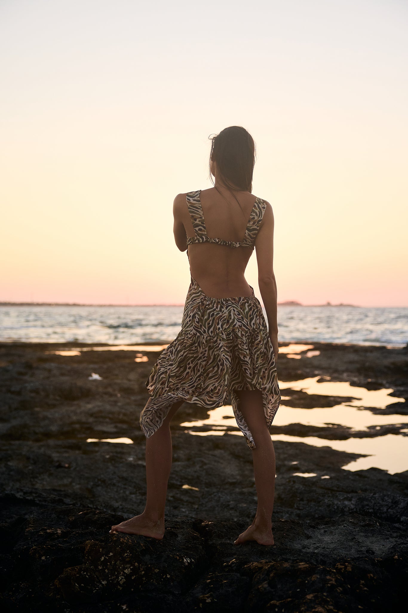 Safari Print Voile Asymmetrical Dress, back view