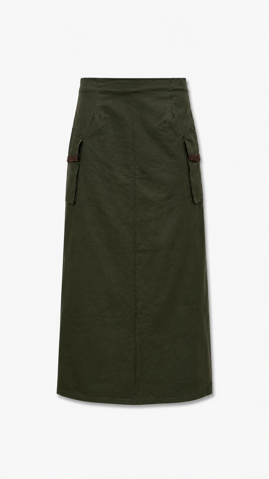 Olive poplin maxi skirt product shot, front view