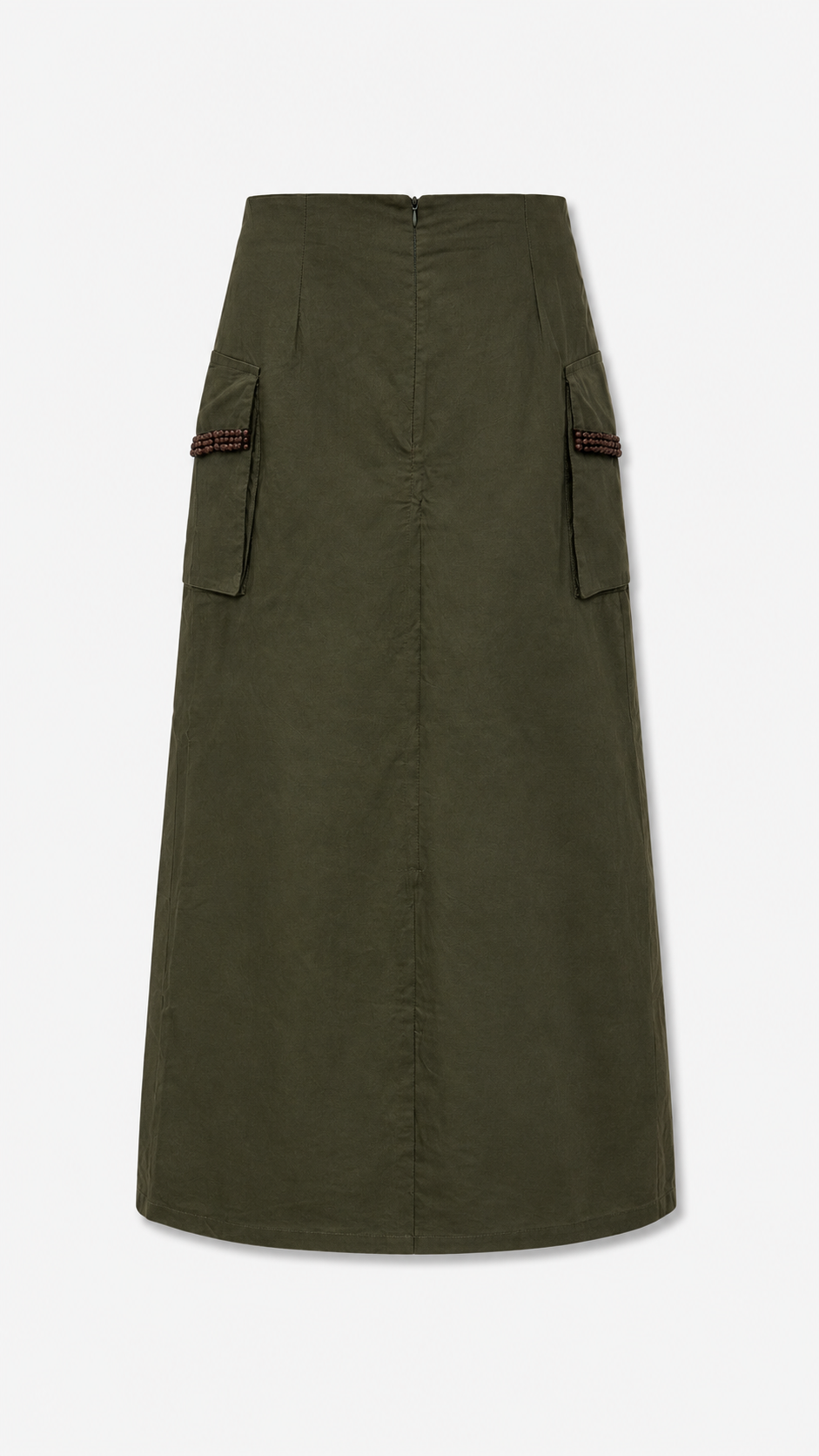 Olive poplin maxi skirt product shot, back view